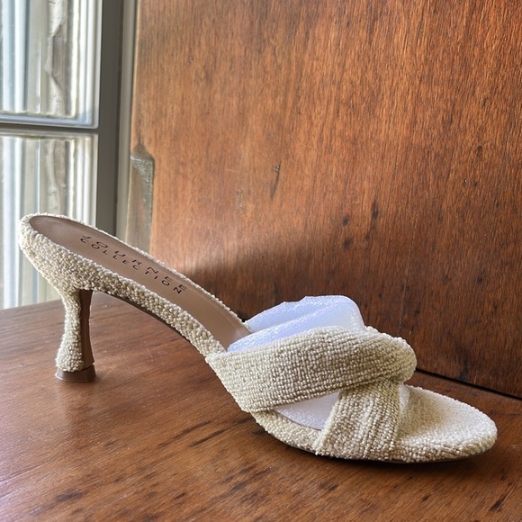 Terry Cloth Tan Women's Heels Kitten Heels Preppy Open Toe Sandals Toweling 2025 - Picture 5 of 15